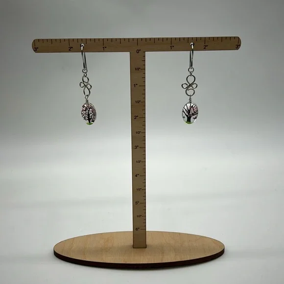 Tree of Life Dangle Earrings with Cherry Blossom Art Handmade Spring NWT - Picture 3 of 6